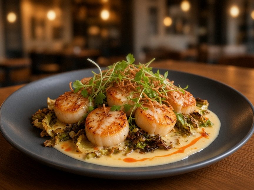 Illustrative AI food photo: seared scallops on grilled cabbage with beurre blanc and herbs on a grey plate