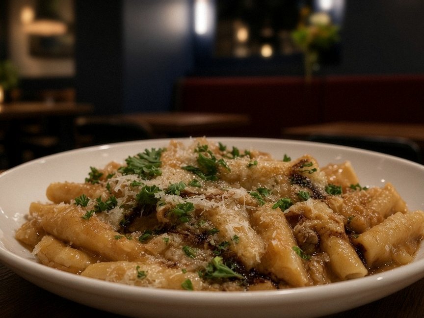 Illustrative AI food photo: a bowl of pasta with grated cheese and herbs